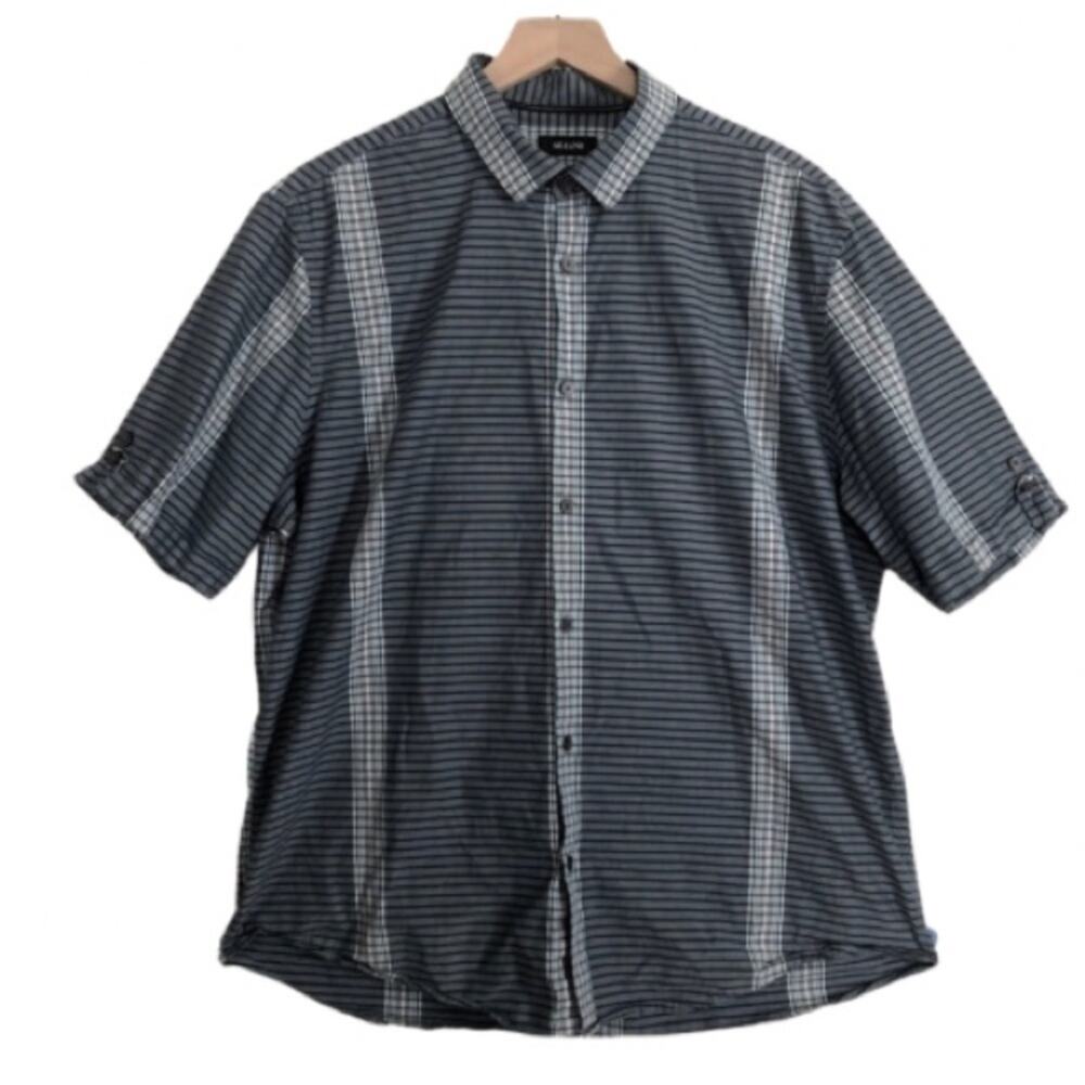Alfani Men’s Cotton Blue Striped Plaid Short Sleeve Casual Button Down Shirt